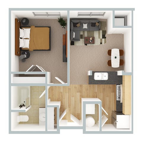 Floor plan for 1 bed, 1 bath, 670 sqft
